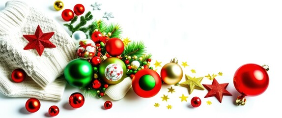 Christmas ornaments, colorful baubles, green pine branches, red and gold decorations, festive arrangement, white background, shiny spheres, star-shaped ornaments, holiday garland, vibrant colors, seas