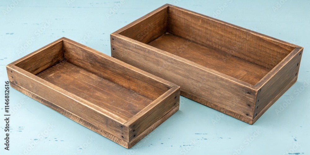 Poster two empty rustic wooden boxes on a blue background