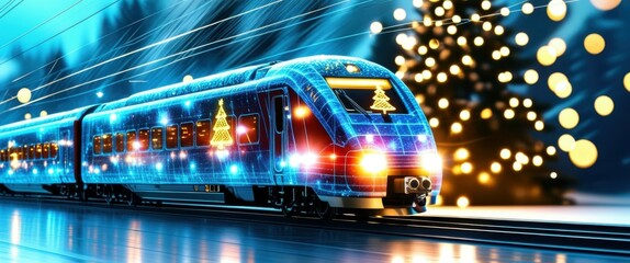 Fototapeta premium Winter wonderland, snowy night scene, illuminated train, christmas trees, twinkling lights, motion blur, vibrant colors, long exposure, magical atmosphere, forest background, festive holiday spirit, g