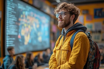 Obraz premium Young Man in Classroom with Digital Display Behind Him
