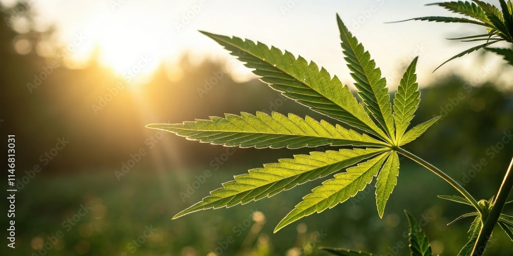 Poster a single cannabis leaf illuminated by the warm glow of the setting sun, creating a beautiful contras