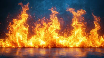 Fiery inferno blaze wall of flames on dark background.