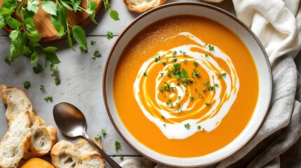 Kürbissuppe Creamy Pumpkin Soup Garnished with Herbs and Cream (Swiss Cuisine)
