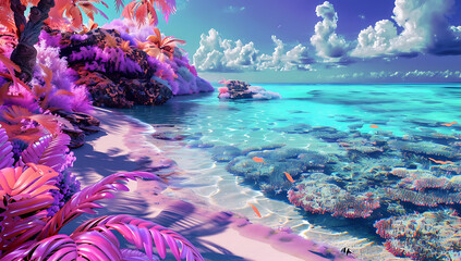 Fantasy sea coast with neon colors, creating an otherworldly scene with vivid hues and glowing water.