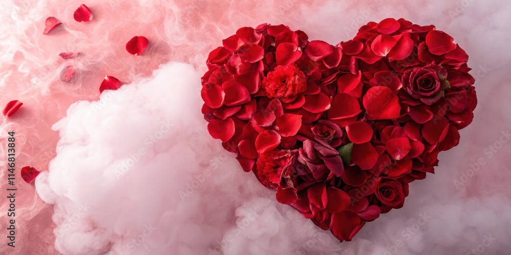 Poster a heart shaped arrangement of crimson rose petals with a cloud of soft white smoke behind it on a pi