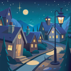 Fototapeta premium Snow-covered houses under the moonlight