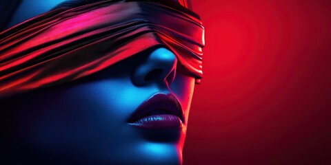 A striking portrait of a person with a blindfold, illuminated by vibrant red and blue lighting, creating a dramatic and mysterious atmosphere.