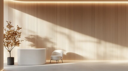 A minimalist interior featuring a white chair, a round table, and a potted plant, bathed in soft, natural light against a wooden wall.