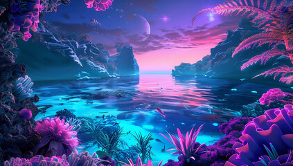 Fantasy sea coast with neon colors, creating an otherworldly scene with vivid hues and glowing water.