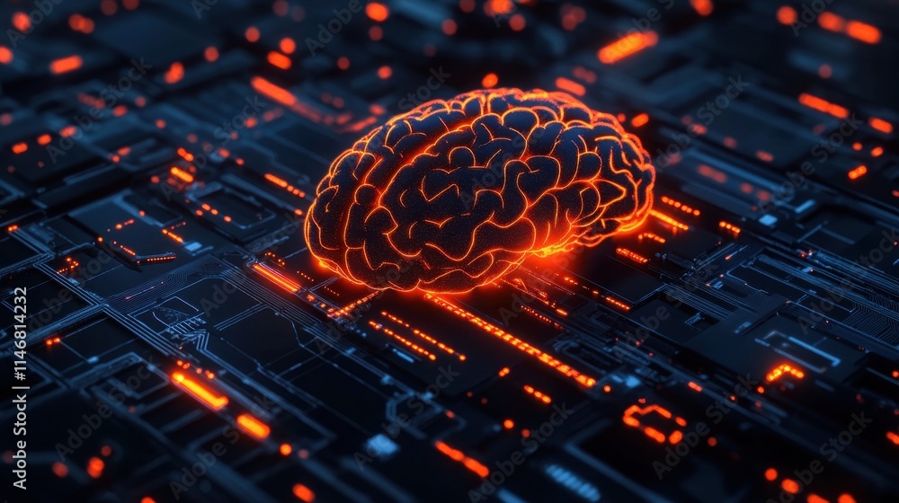 Poster futuristic brain with circuit patterns and neon glow in dark setting