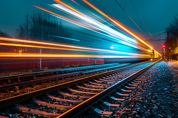 Fast freight train streaking through the night on a railroad track, creating a dynamic, high-speed scene with motion blur.