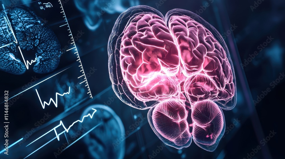 Poster a digital representation of a human brain with glowing features, surrounded by data visualizations, 