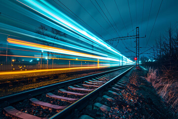 Fast freight train streaking through the night on a railroad track, creating a dynamic, high-speed scene with motion blur.