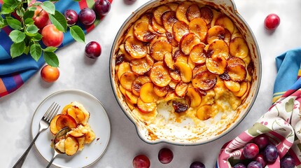 Fototapeta premium Traditional Zwetschgenauflauf Swiss Plum Casserole with Sweet Creamy Layers (Swiss Cuisine)