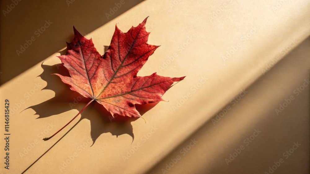 Aufkleber A single red maple leaf lies on a beige surface bathed in the warm glow of sunlight, casting an intricate shadow that dances across the backdrop.
