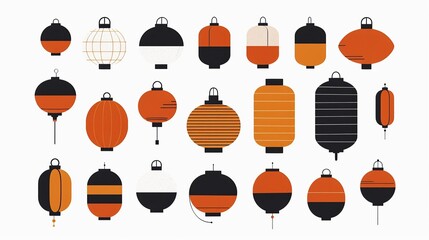 Traditional Chinese Lantern Vector Elements on White Background, Flat Design Style for Graphic Design Flexibility. 