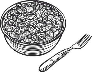 Bowl of Pasta With Fork Vector Illustration Isolated On White Background.
