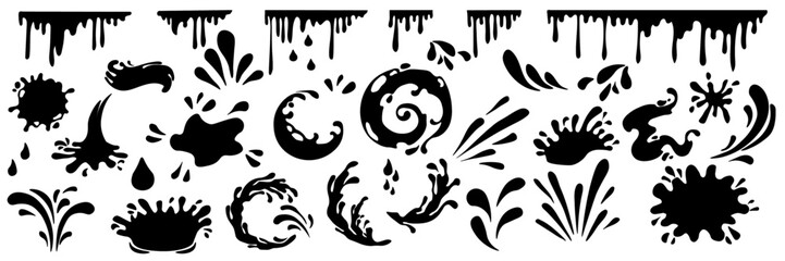Water splash silhouettes. Black liquid shapes, ink drops, falling watering, cry tears, paint spill, spray, wet circle ripples, aqua splatter. Water symbols and water objects. Vector set. Flowing fluid