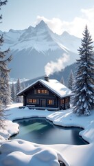 Fototapeta premium Cozy wooden cabin surrounded by snow in a winter mountain landscape with a serene lake