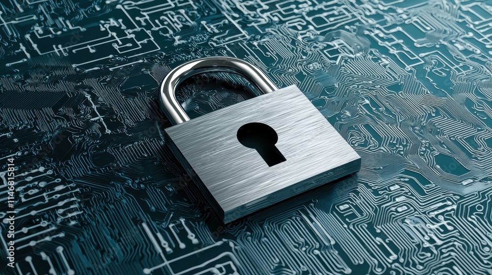Poster a metallic padlock sits on a digital circuit board, symbolizing cybersecurity and data protection in