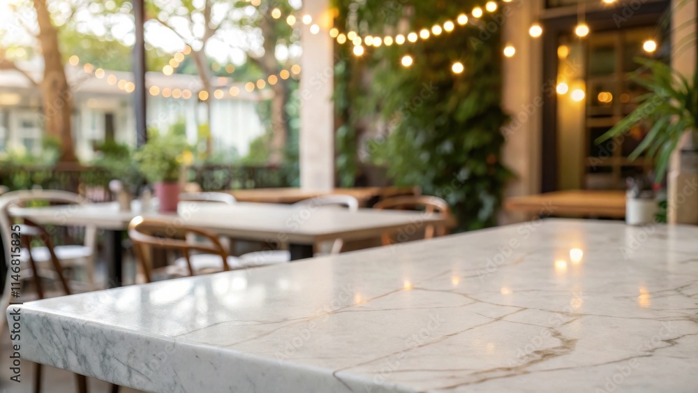 Poster closeup view of a marble tabletop in a cozy outdoor restaurant setting with string lights