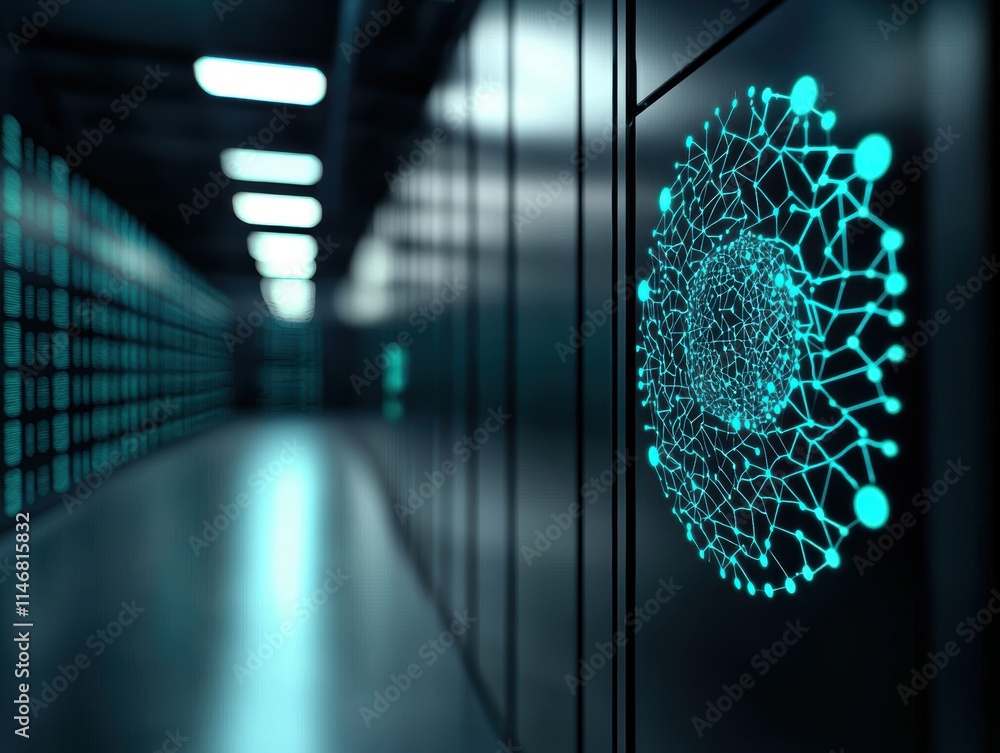 Poster a futuristic data center hallway featuring illuminated network graphics on the wall, creating a high