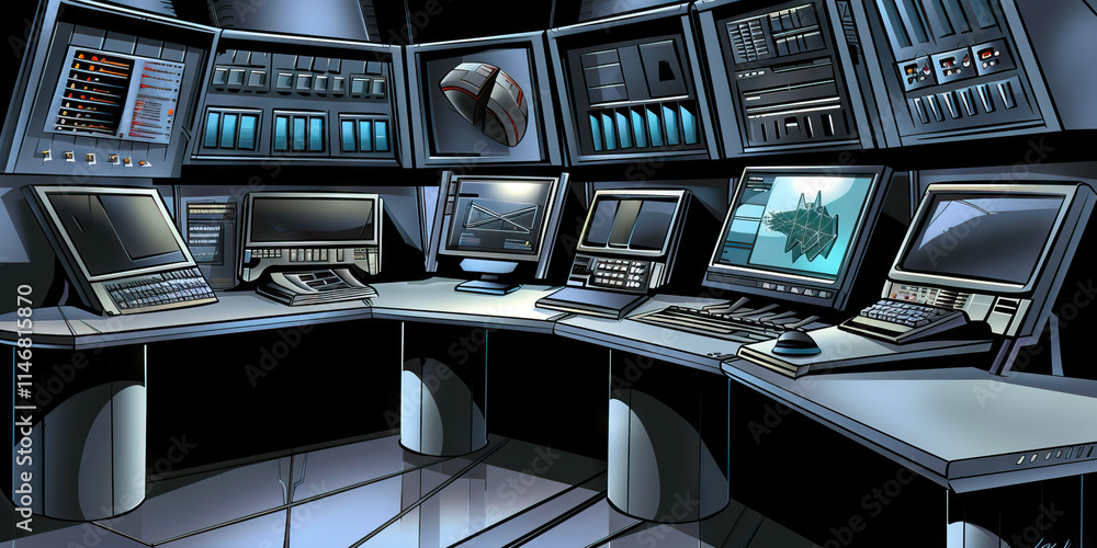 Poster futuristic control room workstation with multiple crt monitors and control panels