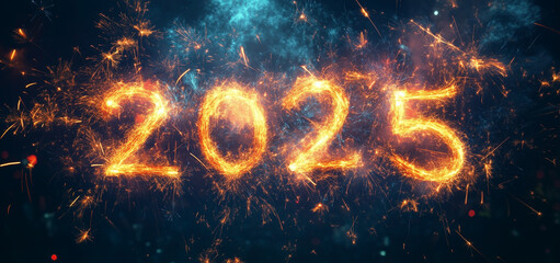 The year 2025 illuminated in bright fireworks on a black background.