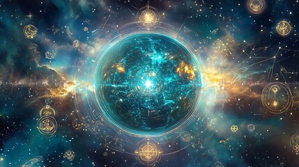 Obraz premium A Celestial Globe Surrounded by Floating Mystical Orbs in a Cosmic Setting, Perfect for Fantasy Art, Astrology Concepts, Space-Themed Designs, and Futuristic Sci-Fi Illustrations