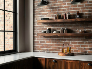 A cozy kitchen corner featuring wooden shelves filled with jars, a marble countertop, and exposed brick walls, creating a warm and inviting atmosphere.
