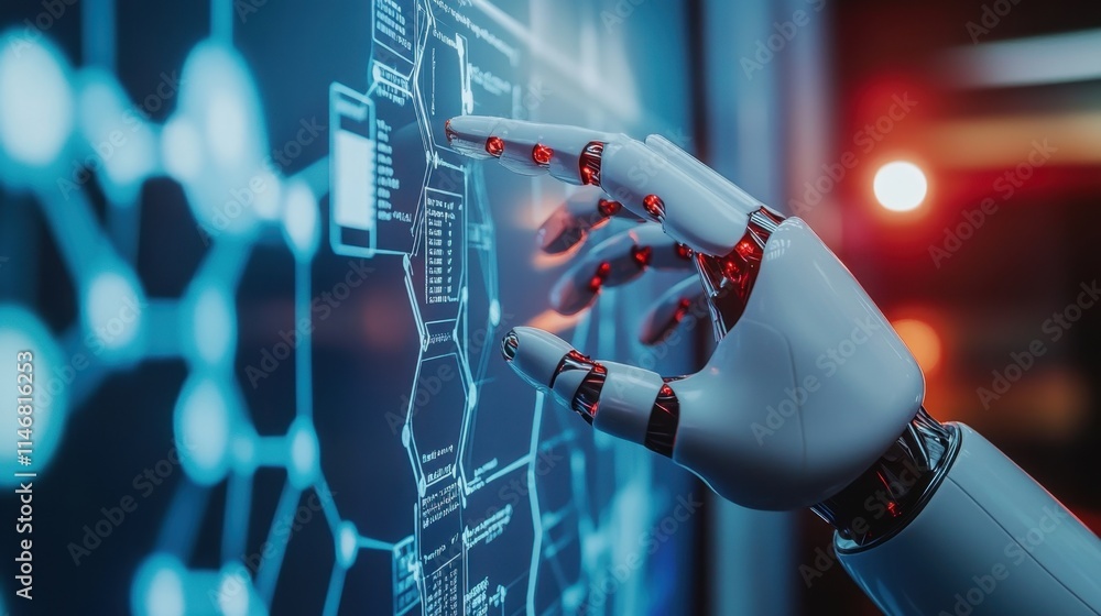 Poster robotic hand interacting with digital data visualization display