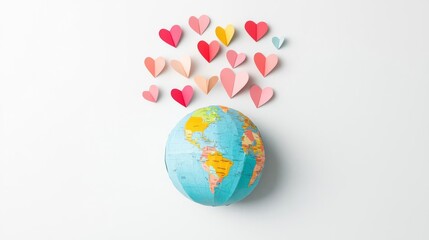 Colorful hearts floating above a globe, symbolizing love and unity across the world.