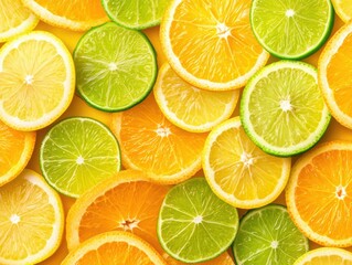 Fototapeta premium A vibrant arrangement of sliced citrus fruits, showcasing bright oranges and limes, perfect for a fresh, summery aesthetic.