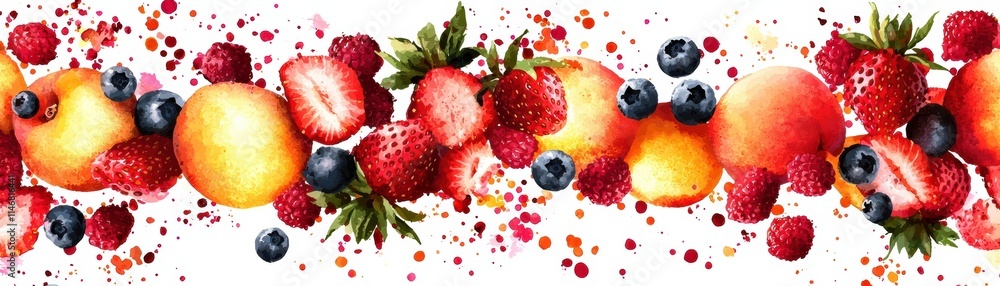 Poster a vibrant array of fresh fruits including strawberries, blueberries, and oranges, splashed with colo
