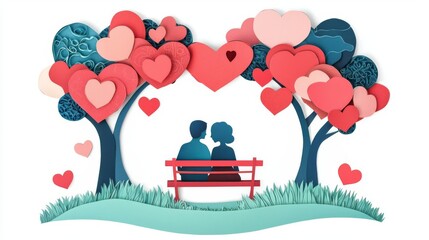 A romantic illustration of a couple on a bench surrounded by heart-shaped trees.