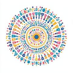 Colorful mandala design representing diverse cultural symbols and beliefs harmoniously.