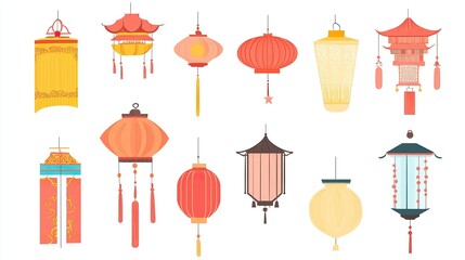 Traditional Chinese Lantern Vector Elements on White Background, Flat Design Style for Graphic Design Flexibility. 