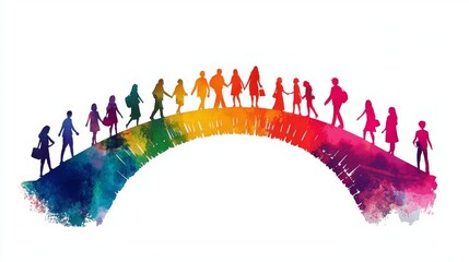Diverse silhouettes of people walking together on a colorful rainbow bridge.