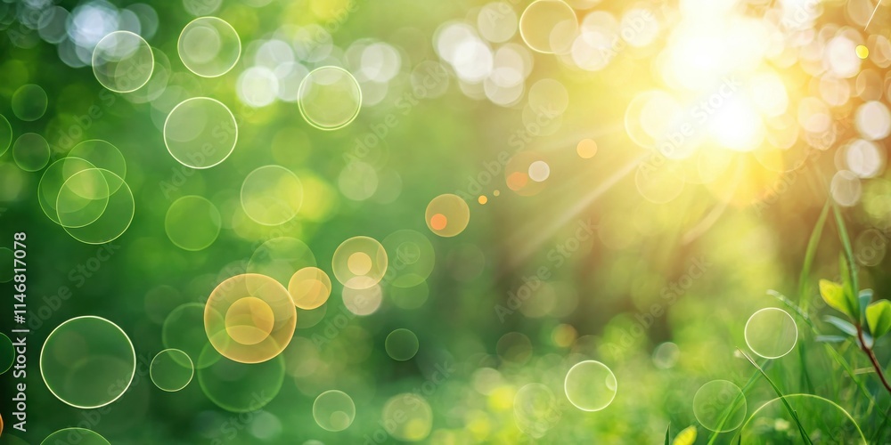 Poster golden sunbeams filtering through lush green foliage, creating a dreamy, blurred background with cir