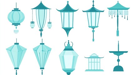 Traditional Chinese Lantern Vector Elements on White Background, Flat Design Style for Graphic Design Flexibility. 