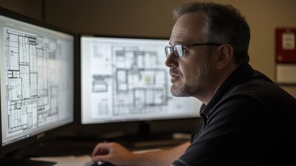 Focused Professional Reviews Architectural Plans on Dual Monitors
