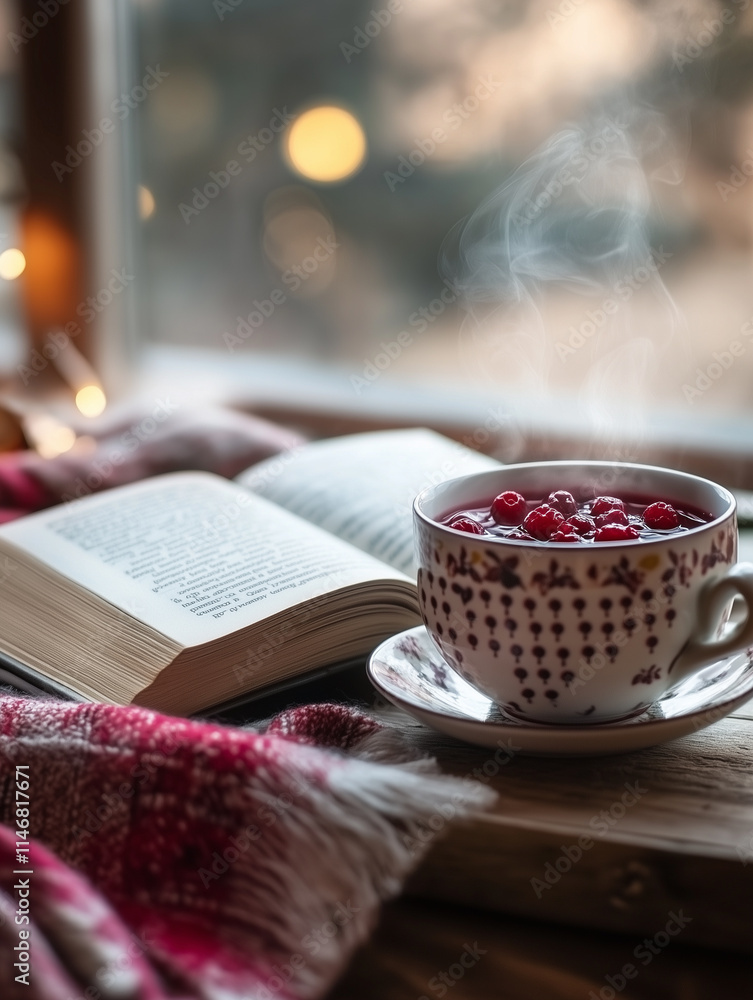 Poster cozy atmosphere with a steaming cup of red drink and an open book by the window during a quiet eveni