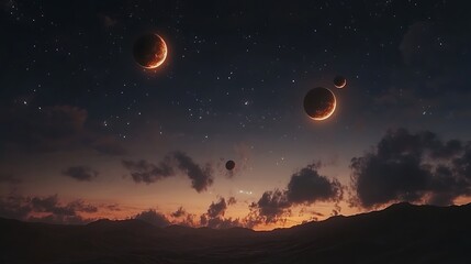 A Celestial Scene of Planets Glowing Against a Vibrant Nebula Backdrop, Perfect for Space Art, Sci-Fi Illustrations, Astronomy Concepts, Futuristic Designs, and Cosmic Fantasy Visuals