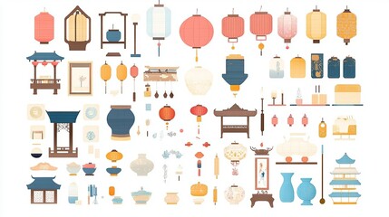 Traditional Chinese Lantern Vector Elements on White Background, Flat Design Style for Graphic Design Flexibility. 