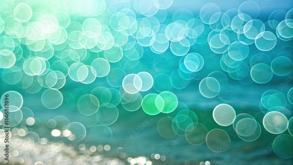 Poster abstract bokeh background with light circles blurred over blue and green water