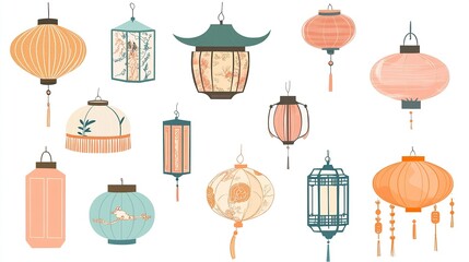 Traditional Chinese Lantern Vector Elements on White Background, Flat Design Style for Graphic Design Flexibility. 