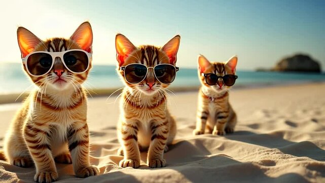 Small cute kittens wearing sunglasses on the beach