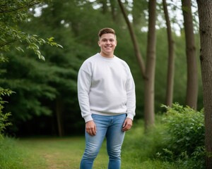 Young man with short hair wearing white sweatshirt and jeans standing in nature