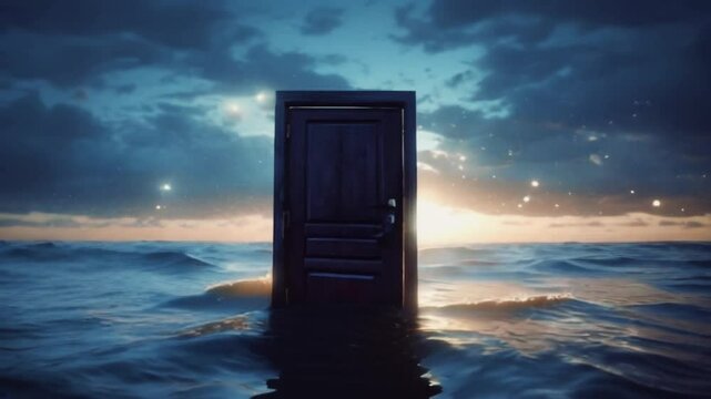 A surreal image of an open door in the ocean at sunset, symbolizing new beginnings, hope, and the unknown possibilities that lie ahead.