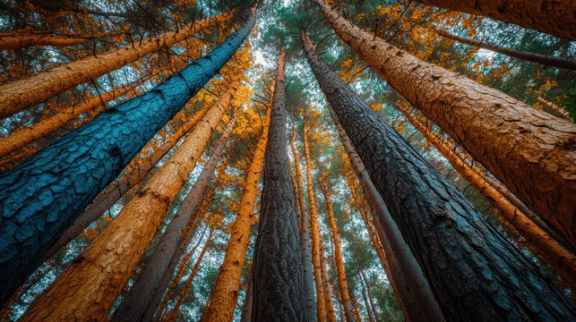 Low-angle view of tall trees in autumn forest, showcasing vibrant colors and textures.